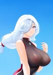  1girl bare_shoulders black_swimsuit blue_background blue_eyes breasts chest_jewel closed_mouth competition_swimsuit genshin_impact gradient gradient_background hair_over_one_eye highres impossible_clothes impossible_swimsuit large_breasts long_hair low_ponytail nipples one-piece_swimsuit see-through shenhe_(genshin_impact) silver_hair smile solo swimsuit toki_to_shishin upper_body 