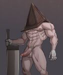  1boy abs absurdres bara completely_nude dead_by_daylight erection feet_out_of_frame helmet highres large_pectorals male_focus muscular muscular_male navel navel_hair nipples nude pectorals planted precum precum_drip pyramid_head sedo_(usingincognito) silent_hill_2 solo stomach thick_thighs thighs uncensored weapon 