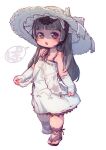  1girl absurdres bangs black_hair blunt_bangs child dress eyebrows_visible_through_hair feral_lemma full_body hat highres long_hair looking_at_viewer open_mouth original red_eyes sandals solo standing white_dress white_headwear 