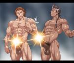  2boys abs bara braid brown_hair censored chest_hair completely_nude dark-skinned_male dark_skin deliford erection feet_out_of_frame granblue_fantasy grey_hair head_tilt highres kirupi large_pectorals leg_hair long_hair long_sideburns male_focus male_pubic_hair mature_male multiple_boys muscular muscular_male navel navel_hair nipples nude old old_man pectorals pubic_hair short_hair sideburns single_braid smile spiked_hair star_censor stomach thick_thighs thighs yngwie 