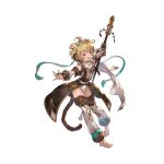  1girl andira_(granblue_fantasy) barefoot blonde_hair cleavage_cutout clothing_cutout erune full_body fur_trim granblue_fantasy hair_ornament headband holding holding_staff minaba_hideo monkey_tail official_art red_eyes scarf short_hair solo staff tail transparent_background 