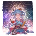  1girl animal_ears blue_hair braid breasts candy_apple catura_(granblue_fantasy) chocolate_banana corn cow_ears cow_girl cow_horns draph ear_piercing flower food gradient_hair granblue_fantasy hair_flower hair_ornament horns japanese_clothes kimono large_breasts long_hair minaba_hideo multicolored_hair official_art orange_eyes piercing pointy_ears purple_eyes purple_hair sash solo 