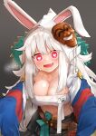  1girl :d absurdres animal_ears armpit_crease bandeau black_skirt breasts breath cleavage collarbone commission cowboy_shot crusaders_quest fang grey_background heart heart-shaped_pupils highres hood large_breasts long_hair long_sleeves looking_at_viewer midriff navel rabbit_ears red_eyes second-party_source skirt smile solo stomach strapless sweat symbol-shaped_pupils tube_top very_long_hair white_hair wide_sleeves wweed 