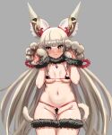  1girl absurdres animal_ears animal_hands ass_visible_through_thighs awesomeerix bikini black_bikini blush breasts cameltoe cat_tail chest_jewel claw_pose claws cleavage embarrassed fur_bracelet fur_collar gloves grey_background highres long_hair looking_to_the_side low_twintails navel nia_(blade)_(xenoblade) nia_(xenoblade) paw_gloves simple_background small_breasts solo stomach swimsuit tail thigh_gap thighlet twintails very_long_hair xenoblade_chronicles_(series) xenoblade_chronicles_2 yellow_eyes 