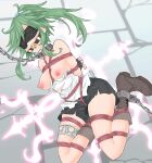  1girl absurdres arms_behind_back ball_gag bdsm blindfold bondage boots bound breasts breasts_outside chain chained collar duel_monster fingerless_gloves gag gagged gloves green_hair highres medium_breasts metal_collar nipples ponytail rioreori rope saliva shibari shibari_over_clothes shorts thighlet torn_clothes winda_priestess_of_gusto yu-gi-oh! 