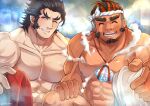  2boys ^_^ abs absurdres bara blush closed_eyes completely_nude daikoku_(housamo) dark_blue_hair facial_hair forked_eyebrows goatee hachimaki headband highres incoming_gift kageru_(mofnyan) knee_up large_pectorals long_sideburns looking_at_viewer male_focus mature_male multicolored_hair multiple_boys muscular muscular_male mustache nipples nude orange_eyes out-of-frame_censoring pectorals red_hair sarutahiko_(housamo) shell_necklace short_hair sideburns smoke steam stomach thick_eyebrows tokyo_afterschool_summoners two-tone_hair upper_body veins 
