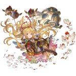  1girl animal_ears bangs bare_shoulders bird blonde_hair boots breasts chibi chicken earrings eyebrows_visible_through_hair flower flying granblue_fantasy hair_ornament harvin jewelry knee_boots long_hair looking_at_viewer machine mahira_(granblue_fantasy) minaba_hideo official_art red_eyes robot_animal sitting small_breasts swinging thighhighs transparent_background 
