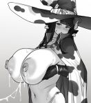  1girl after_paizuri animal_ears animal_print areolae bangs bell blunt_bangs blush breast_hold breast_lift breasts collarbone cow_ears cow_girl cow_horns cow_print cowbell cum cum_on_body cum_on_breasts cum_string eyebrows_visible_through_hair greyscale hat highres horns houtengeki huge_breasts lactation long_hair looking_down monochrome navel nipples nose_blush open_mouth original puffy_nipples solo witch_hat 