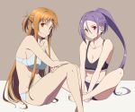  2girls asuna_(sao) between_legs black_bra black_panties blue_bra blue_panties bra braid breasts brown_eyes brown_hair cleavage collarbone hair_ornament hand_between_legs hand_on_own_knee long_hair looking_at_viewer medium_breasts mito_(sao) multiple_girls navel panties ponytail puge purple_hair red_eyes simple_background sitting smile strap sword_art_online sword_art_online_progressive underwear x_hair_ornament 