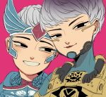  2girls apex_legends azure_blessing_valkyrie black_eyes blush dual_persona grey_hair haru_(kidouyuuto2011) head_tilt headdress headset lipstick looking_at_viewer looking_to_the_side makeup multiple_girls official_alternate_costume pink_background portrait short_hair smile valkyrie_(apex_legends) 