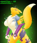  absurd_res bandai_namco black_hair black_nose breasts canid clothing diethyl digimon digimon_(species) english_text eyes_closed featureless_breasts featureless_crotch female fur hair hi_res human mammal renamon simple_background solo species_transformation text torn_clothing transformation white_body white_fur yellow_body 