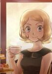  1girl bare_arms blonde_hair breasts closed_mouth collarbone commentary cup eyelashes grey_eyes holding holding_cup konna-nani pink_lips pokemon pokemon_(game) pokemon_xy serena_(pokemon) shirt short_hair sleeveless sleeveless_shirt smile solo steam teacup upper_body 