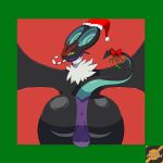  anthro anus balls bedroom_eyes butt candy candy_cane chiropteran christmas christmas_clothing christmas_headwear clothing dessert food genitals green_background hat headgear headwear hi_res holidays looking_at_viewer male mammal narrowed_eyes nintendo noivern perineum pok&eacute;mon pok&eacute;mon_(species) raised_tail reallydarkandwindie red_background santa_hat seductive simple_background solo video_games 