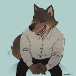  2021 4_fingers anthro biped blue_background bottomwear brown_body brown_fur canid canine canis clothed clothing digital_media_(artwork) eyebrows fingers fully_clothed fur hi_res male mammal mr._wolf_(the_bad_guys) open_mouth open_smile orange_sclera pants shirt simple_background sitting smile solo tail_motion tailwag tan_body tan_fur teeth thatlazyrat tongue topwear wolf 
