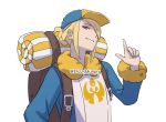  1boy backpack bag baseball_cap blonde_hair brown_bag dizzyhungry grey_eyes hair_over_one_eye hand_up hat highres index_finger_raised long_sleeves male_focus parted_lips pokemon pokemon_(game) pokemon_legends:_arceus short_hair simple_background smile solo upper_body volo_(pokemon) white_background 