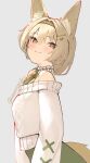  1girl arknights bangs beanstalk_(arknights) beanstalk_(gift_uncompleted)_(arknights) blush brown_eyes brown_hair closed_mouth eyebrows_visible_through_hair hair_intakes hairband hyena_ears hyena_girl hyena_tail off_shoulder official_alternate_costume skeptycally smile solo 