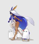  1girl animal_ears ass bare_shoulders barefoot breasts cloak dark-skinned_female dark_skin earrings facial_mark fate/grand_order fate_(series) highres jackal_ears jewelry kickboard lamian_(pixiv415608) long_hair medjed_(fate) nitocris_(fate) nitocris_(swimsuit_assassin)_(fate) one-piece_swimsuit purple_hair solo swimsuit very_long_hair 