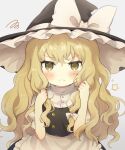  1girl :t absurdres blonde_hair blush grey_background hat highres holding holding_hair kirisame_marisa long_hair looking_at_viewer pout sasami_(shiroi_fuwafuwa) simple_background solo squiggle star_(symbol) tearing_up touhou upper_body v-shaped_eyebrows very_long_hair witch_hat yellow_eyes 