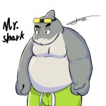  2021 anthro belly biped clothing dreamworks fish grey_body male marine maxiwaton moobs mr._shark_(the_bad_guys) overweight overweight_male shark simple_background solo swimwear the_bad_guys white_background 