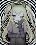  1girl animal_ears arms_on_knees bangs black_blood blood brown_shirt cat_ears fang green_hair hand_on_own_face hypnosis long_hair looking_at_viewer mind_control narrowed_eyes open_mouth original pale_skin purple_eyes ro47 shirt simple_background sitting solo striped_sleeves 