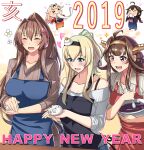  2019 5girls absurdres ahoge alternate_costume apron bare_shoulders black_apron blue_apron bowl brown_hair brown_sweater chinese_zodiac closed_eyes commentary_request cowboy_shot double_bun eating flower hair_flower hair_ornament hairband happy_new_year headgear highres japanese_clothes kantai_collection kimono kongou_(kancolle) long_hair mochi multiple_girls new_year obei_teitoku ponytail red_apron remodel_(kantai_collection) revision ribbed_sweater shigure_(kancolle) shirt simple_background sparkle spoon strap striped striped_shirt sweater warspite_(kancolle) white_background white_shirt white_sweater yamato_(kancolle) year_of_the_pig yuudachi_(kancolle) 