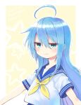  1girl :3 absurdres ahoge backlighting bangs blue_hair blue_sailor_collar border character_name closed_mouth dated dot_nose english_text eyebrows_visible_through_hair eyes_visible_through_hair green_eyes hair_between_eyes happy_birthday highres inumoto izumi_konata jitome long_hair looking_at_viewer lucky_star mole mole_under_eye neckerchief outline outside_border outstretched_arms ryouou_school_uniform sailor_collar sailor_shirt school_uniform serafuku shiny shiny_hair shiny_skin shirt short_sleeves sleeve_cuffs smile solo star_(symbol) starry_background upper_body white_border white_outline white_shirt yellow_background yellow_neckerchief 
