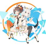  2girls \n/ absurdres ahoge animal_ear_fluff animal_ears ass asymmetrical_legwear back-to-back bangs black_dress black_legwear blue_eyes blush bow bow_dress brown_hair crown_hair_ornament dress gloves hair_between_eyes hair_bow hand_up highres holding_hands hololive hololive_idol_uniform long_hair lr_(last_remote_514) medium_hair miniskirt mismatched_legwear multiple_girls natsuiro_matsuri open_mouth orange_legwear shirakami_fubuki short_dress side_ponytail simple_background skirt smile tail thighhighs v virtual_youtuber white_dress white_gloves white_hair white_legwear 