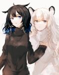  2girls animal_ears arknights bangs black_hair black_sweater blue_eyes blue_hair blunt_bangs blush braid casual cat_ears cat_girl english_commentary gradient_hair grey_eyes gupipy hand_on_another&#039;s_shoulder highres holding_another&#039;s_arm kjera_(arknights) long_hair multicolored_hair multiple_girls parted_lips pramanix_(arknights) short_hair signature sweater turtleneck turtleneck_sweater twin_braids white_hair white_sweater 
