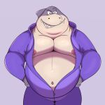  2021 anthro belly dreamworks exopaz fish grey_body hi_res male marine moobs mr._shark_(the_bad_guys) navel nipples onesie overweight overweight_male shark simple_background solo the_bad_guys 
