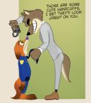  2021 anthro brown_body brown_fur canid canine canis clothed clothing clothing_pull cuff_(restraint) dialogue digital_media_(artwork) disney dreamworks duo english_text fox fur ggponk handcuffs hi_res humanoid male mammal metal_cuffs mr._wolf_(the_bad_guys) necktie necktie_pull nick_wilde orange_body orange_fur police_uniform red_fox restraints simple_background smile suit tan_body text the_bad_guys uniform wolf yellow_eyes yellow_sclera zootopia 