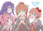  4girls absurdres ayanamirio blazer blue_eyes blush bow brown_hair brown_jacket doki_doki_literature_club green_eyes hands_on_own_chest highres jacket long_hair looking_at_viewer monika_(doki_doki_literature_club) multiple_girls natsuki_(doki_doki_literature_club) one_eye_closed pink_eyes pink_hair purple_eyes purple_hair red_bow ribbon sayori_(doki_doki_literature_club) school_uniform short_hair v white_ribbon yuri_(doki_doki_literature_club) 