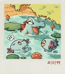  grass highres lily_pad no_humans open_mouth pokemon polaroid sleeping smile swimming teletelo totodile water water_lily_flower wooper 