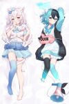  2girls animal_ears arm_up asymmetrical_legwear bare_shoulders bed_sheet black_hair black_jacket black_legwear blue_bow blue_eyes blue_hair blue_legwear blue_sailor_collar blue_skirt blush bow cat_ears cat_girl cat_tail closed_mouth commission copyright_request dakimakura_(medium) digital_dissolve dress feathered_wings frilled_dress frills gloves hair_bow half_gloves heterochromia jacket long_sleeves lying megaphone mismatched_legwear multicolored_hair multiple_girls off-shoulder_shirt off_shoulder on_back open_clothes open_jacket parted_lips pleated_skirt puffy_long_sleeves puffy_sleeves red_eyes sailor_collar shirt single_glove single_wrist_cuff skeb_commission skirt sleeves_past_fingers sleeves_past_wrists tail thigh_strap twitter_username two-tone_hair watermark wavy_mouth white_dress white_gloves white_hair white_shirt white_wings wings wrist_cuffs yamabukiiro 