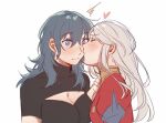  2girls black_shirt blue_eyes blush breasts byleth_(fire_emblem) byleth_(fire_emblem)_(female) closed_eyes edelgard_von_hresvelg fire_emblem fire_emblem:_three_houses heart kiss kissing_cheek long_hair multiple_girls shirt simple_background spoken_heart surprised white_hair yukari_(bryleluansing) yuri 