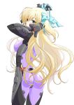  ass bangs black_gloves blonde_hair blue_bow bow breasts fortified_suit from_behind gloves green_eyes hair_bow hands_in_hair highres kamon_rider liz_hohenstein long_hair looking_at_viewer looking_back medium_breasts muvluv muvluv_alternative pilot_suit schwarzesmarken striped striped_bow two_side_up very_long_hair white_background 