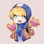  +_+ 1girl apex_legends blue_bodysuit blue_eyes bodysuit chibi heart holding jacket nanahoshi_(n_h628) open_mouth orange_jacket pink_background ribbed_bodysuit smile solo translation_request upper_body wattson_(apex_legends) white_bodysuit 