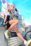  1girl absurdres bicycle bike_shorts bra_strap carole_peppers city ear_piercing eyewear_on_head ground_vehicle hair_behind_ear highres honkai_(series) honkai_impact_3rd looking_at_viewer matsuo_shogo outdoors piercing shoes short_hair single_bare_shoulder sky smile sneakers white_hair yellow_eyes 