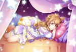  1girl bed commentary_request crown konoe_kanata konro_kai long_hair looking_at_viewer love_live! love_live!_nijigasaki_high_school_idol_club lying navel on_side one_eye_closed orange_hair pillow purple_eyes solo star_(symbol) stuffed_animal stuffed_sheep stuffed_toy 