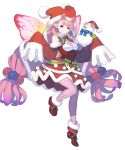  1girl ankle_boots bangs blush boots closed_mouth dress enkyo_yuuichirou fairy_wings fire_emblem fire_emblem_heroes floating floating_object fur_trim hair_ornament high_heel_boots high_heels highres leg_up long_hair looking_at_viewer low-tied_long_hair mirabilis_(fire_emblem) official_art pantyhose pink_hair pointy_ears polka_dot pom_pom_(clothes) purple_eyes red_footwear shiny shiny_hair sleeves_past_wrists smile solo striped tied_hair vertical_stripes wide_sleeves wings 
