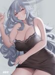  1girl absurdres azur_lane bangs bare_shoulders black_nightgown blush breasts cleavage closed_mouth collarbone eyebrows_visible_through_hair graf_zeppelin_(azur_lane) grey_hair hair_between_eyes highres huge_breasts long_hair looking_at_viewer lying milephunter nightgown on_bed on_side purple_eyes silver_hair simple_background solo 