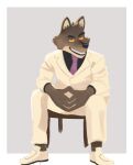  2021 anthro black_clothing black_eyebrows black_nose black_shirt black_topwear bottomwear brown_body brown_fur canid canine canis chair cheek_tuft clothed clothing eyebrows facial_tuft fully_clothed fur furniture grey_background grin head_tuft hi_res male mammal mr._wolf_(the_bad_guys) narrowed_eyes necktie pants purple_necktie shirt simple_background sitting smile solo ssamdnb tan_body tan_bottomwear tan_clothing tan_fur tan_pants tan_topwear the_bad_guys topwear tuft white_suit wolf yellow_eyes 