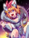  1girl animal_ear_fluff animal_ears belt_collar between_legs blue_eyes breasts cleavage collar fangs fingernails floating_hair food-themed_hair_ornament fur fur_sleeves ghost_hair_ornament go-toubun_no_hanayome hair_ornament hair_ribbon halloween halloween_costume hand_between_legs highres jack-o&#039;-lantern jack-o&#039;-lantern_hair_ornament kneehighs nakano_yotsuba open_mouth orange_hair pom_pom_(clothes) pumpkin_hair_ornament purple_collar ribbon sharp_fingernails solo tail teeth werewolf_costume wolf_ears wolf_tail yu_(flowerbird3830) 