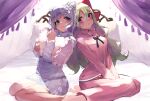  2girls :3 absurdres bangs bed between_legs blush bow closed_mouth commission eyebrows_visible_through_hair hair_between_eyes hair_bow hair_ornament hair_ribbon hand_between_legs hand_up heterochromia highres light_green_hair lilith_(lumilive) long_hair looking_at_another lumilive mei_amaya multiple_girls object_hug pajamas pillow pillow_hug purple_eyes purple_hair ribbon sidelocks sitting skeb_commission takuan_(mo55ilst) virtual_youtuber wariza 