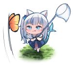  1girl :p animal_ears bangs blue_dress blue_eyes blunt_bangs blush bug butterfly butterfly_net chibi commentary dress eyebrows_visible_through_hair fish_tail gawr_gura grass hair_ornament hand_net hololive hololive_english ine_(ineinnen) long_hair shark_girl shark_tail short_sleeves side_ponytail simple_background solo tail tongue tongue_out virtual_youtuber white_background white_hair 