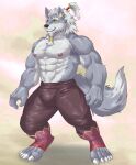  2021 5_fingers 5_toes abs absurd_res anthro beard biceps black_nose bottomwear brown_eyes canid canine canis chieftain claws clothed clothing colored digitigrade ear_piercing ear_ring eyebrows facial_hair feet fingers fur grey_body grey_eyebrows grey_feet grey_fur grey_hair grey_hands grey_tail hair hi_res humanoid_hands male mammal multicolored_body multicolored_fur muscular muscular_anthro muscular_male navel nipples npc pants pecs piercing sdorica shirtless solo standing thick_eyebrows tied_hair toes triceps two_tone_body two_tone_fur two_tone_tail weedwolf wolf yellow_sclera 