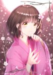  1girl axis_powers_hetalia brown_hair flower highres honda_sakura japanese_clothes kimono shiohari_kanna short_hair smile solo yukata 