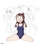 1girl absurdres artist_name bad_id bad_pixiv_id bangs breasts brown_hair full_body highres jacket jacket_partially_removed kagari_atsuko little_witch_academia long_hair m_legs medium_breasts on_floor once_11h open_mouth red_eyes school_swimsuit simple_background sitting solo spread_legs swimsuit teeth tied_hair upper_teeth white_background white_jacket 