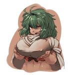  1girl anchors breast_hold breasts cape dark-skinned_female dark_skin emerada_(xenogears) green_hair large_breasts long_hair midriff open_mouth simple_background solo xenogears yellow_eyes 