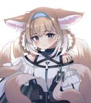  1girl :3 absurdres animal_ear_fluff animal_ears arknights artist_name bare_shoulders blue_hairband blush braid brown_hair closed_mouth commentary_request commission fox_ears fox_girl fox_tail hair_rings hairband highres kitsune l_eri long_hair looking_at_viewer multicolored_hair shirt sidelocks signature simple_background skeb_commission solo suzuran_(arknights) tail twin_braids two-tone_hair upper_body white_background white_hair white_shirt 