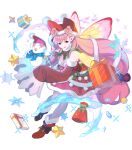  1girl ankle_boots bangs boots box dress enkyo_yuuichirou fairy_wings fire_emblem fire_emblem_heroes floating floating_object fur_trim gift gift_box hair_ornament high_heel_boots high_heels highres long_hair low-tied_long_hair mirabilis_(fire_emblem) official_art open_mouth pantyhose pink_hair pointy_ears polka_dot pom_pom_(clothes) purple_eyes red_footwear shiny shiny_hair sleeves_past_wrists snowflakes solo striped tied_hair transparent_background vertical_stripes wide_sleeves wings 